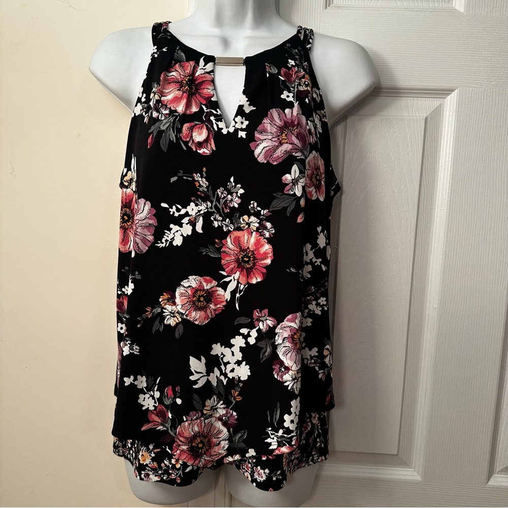 WHBM Black Floral Halter Tank Top - Pink Flower Print S